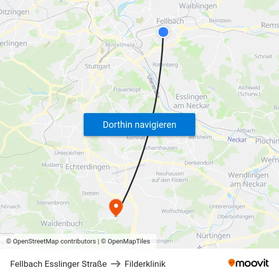 Fellbach Esslinger Straße to Filderklinik map