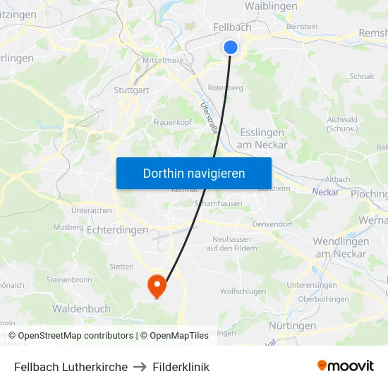 Fellbach Lutherkirche to Filderklinik map