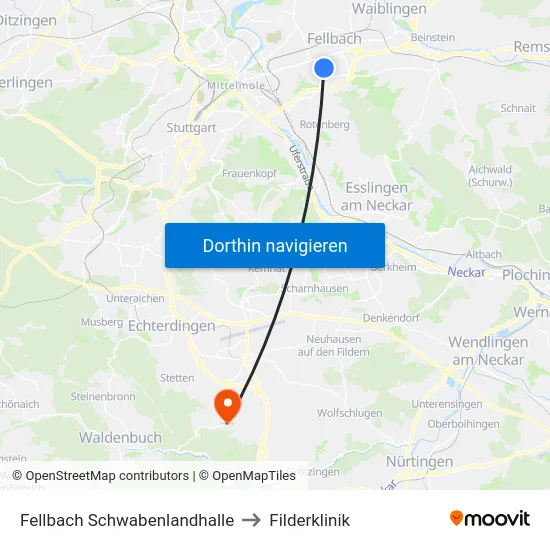 Fellbach Schwabenlandhalle to Filderklinik map