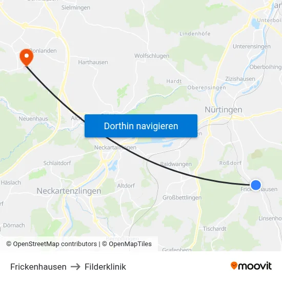 Frickenhausen to Filderklinik map