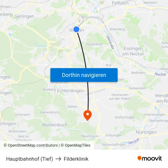Hauptbahnhof (Tief) to Filderklinik map