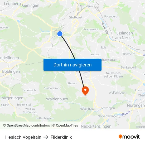 Heslach Vogelrain to Filderklinik map