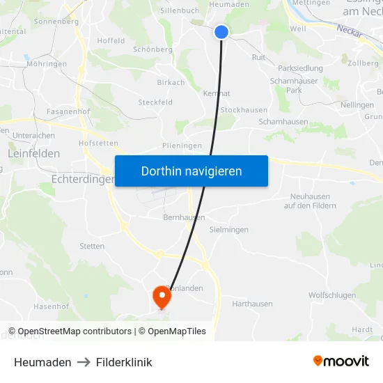 Heumaden to Filderklinik map