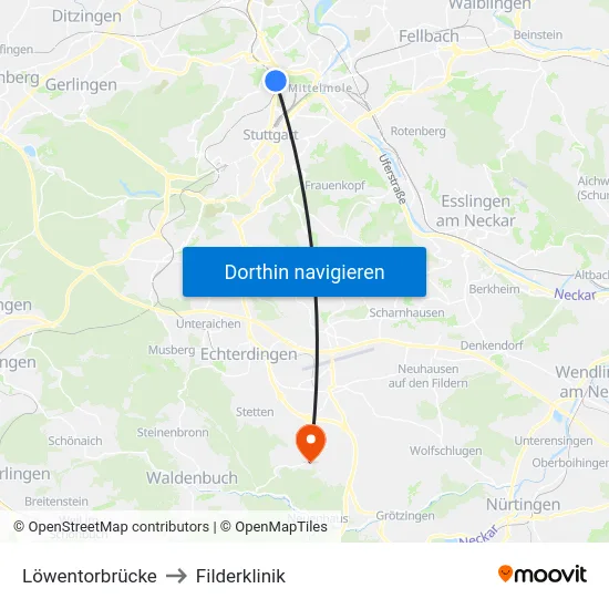 Löwentorbrücke to Filderklinik map