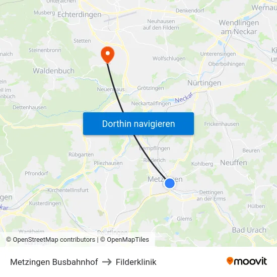 Metzingen Busbahnhof to Filderklinik map