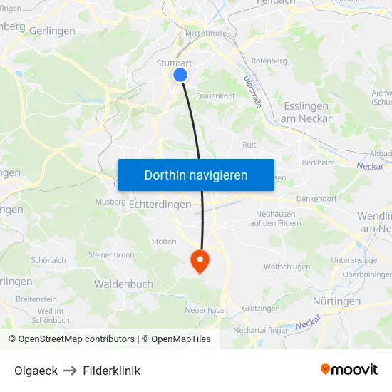 Olgaeck to Filderklinik map
