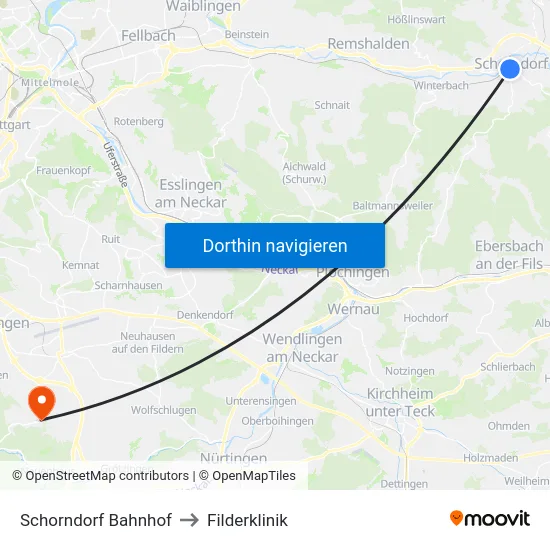Schorndorf Bahnhof to Filderklinik map