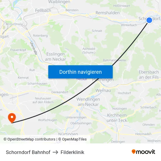 Schorndorf Bahnhof to Filderklinik map