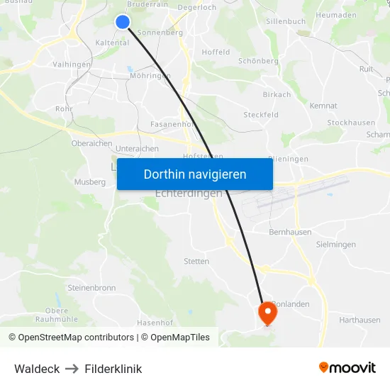 Waldeck to Filderklinik map