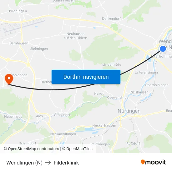 Wendlingen (N) to Filderklinik map