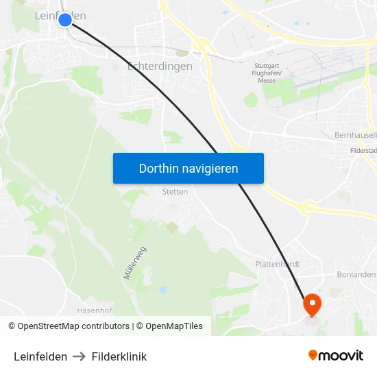 Leinfelden to Filderklinik map