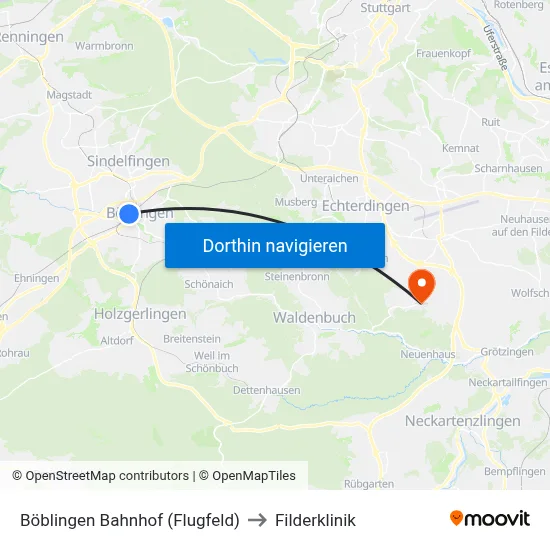 Böblingen Bahnhof (Flugfeld) to Filderklinik map