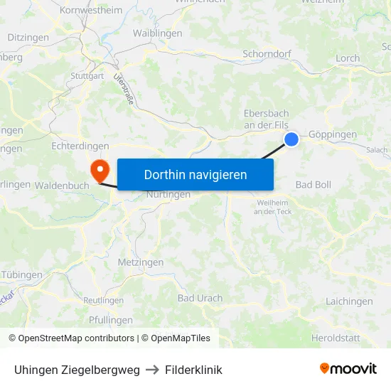 Uhingen Ziegelbergweg to Filderklinik map