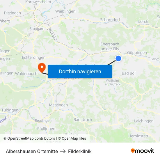 Albershausen Ortsmitte to Filderklinik map