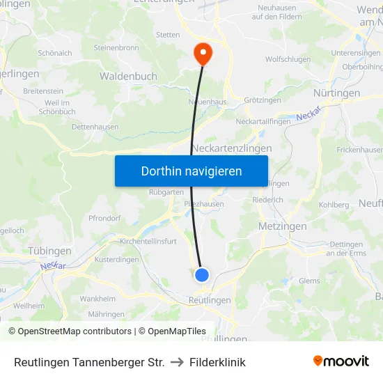 Reutlingen Tannenberger Str. to Filderklinik map