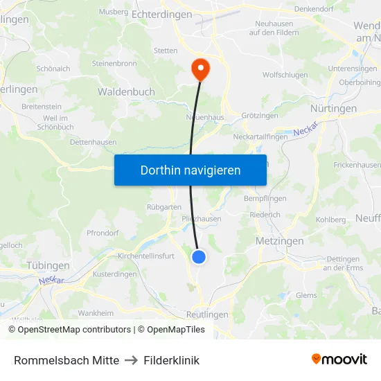 Rommelsbach Mitte to Filderklinik map
