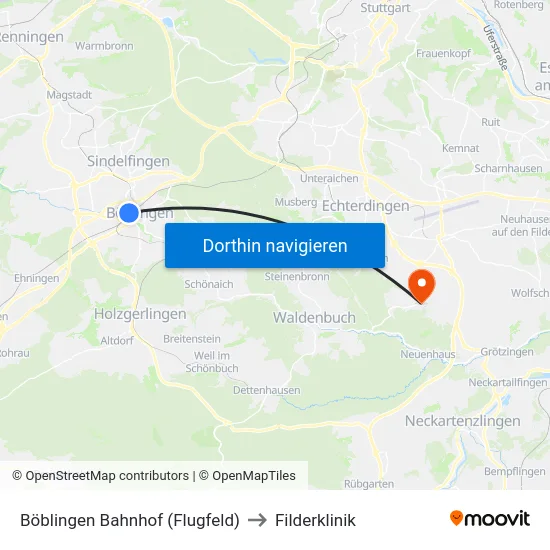 Böblingen Bahnhof (Flugfeld) to Filderklinik map