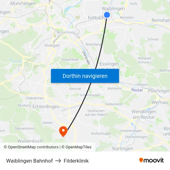 Waiblingen Bahnhof to Filderklinik map