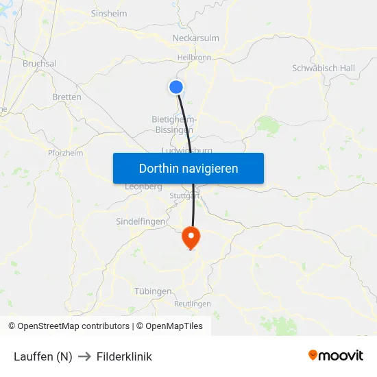 Lauffen (N) to Filderklinik map