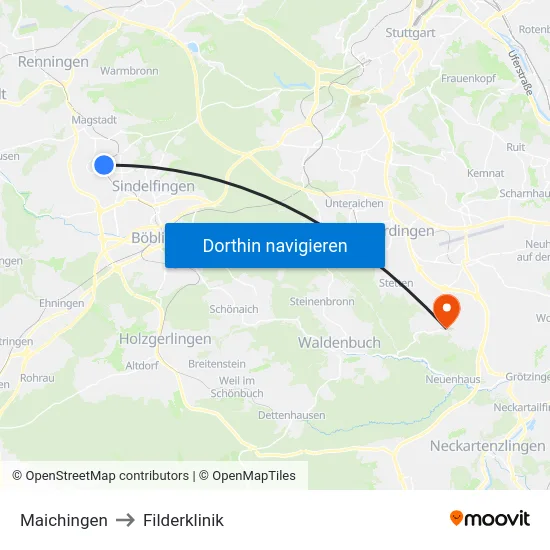 Maichingen to Filderklinik map