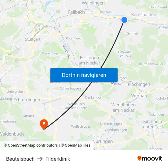 Beutelsbach to Filderklinik map