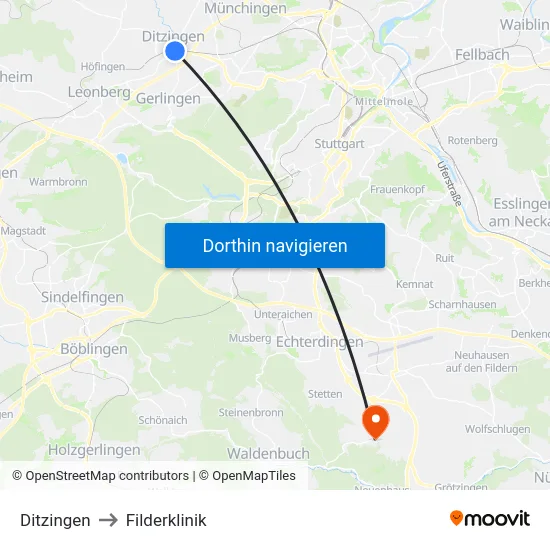 Ditzingen to Filderklinik map