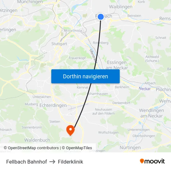 Fellbach Bahnhof to Filderklinik map
