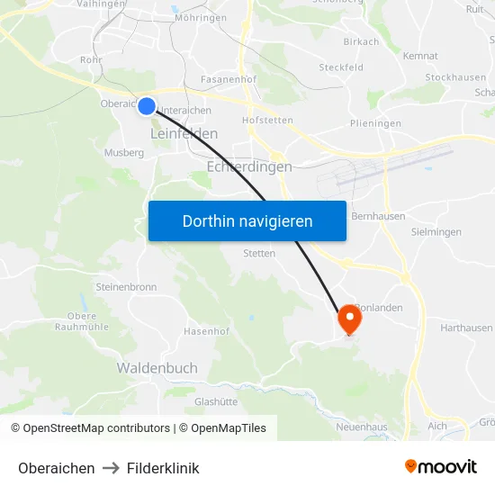 Oberaichen to Filderklinik map