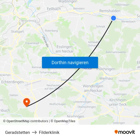 Geradstetten to Filderklinik map