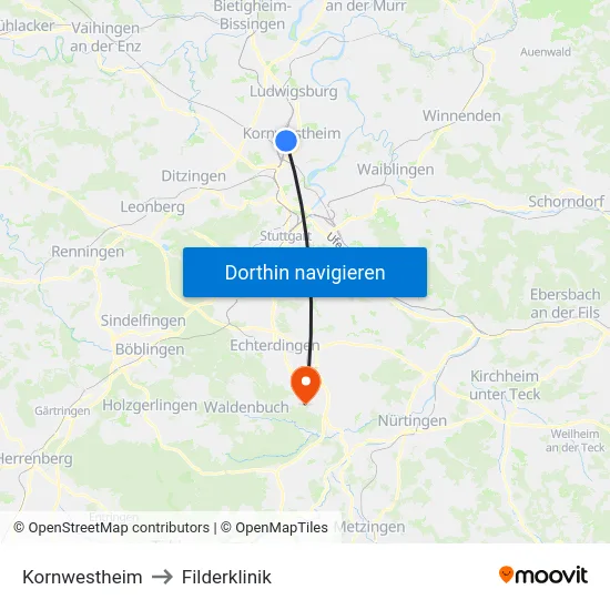 Kornwestheim to Filderklinik map