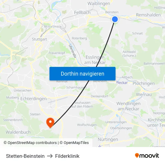 Stetten-Beinstein to Filderklinik map