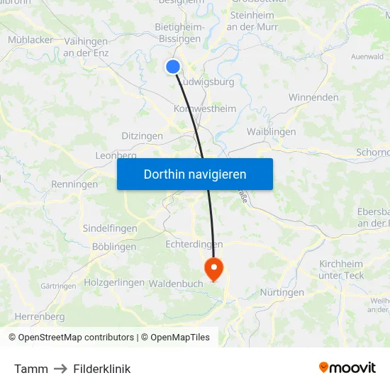 Tamm to Filderklinik map
