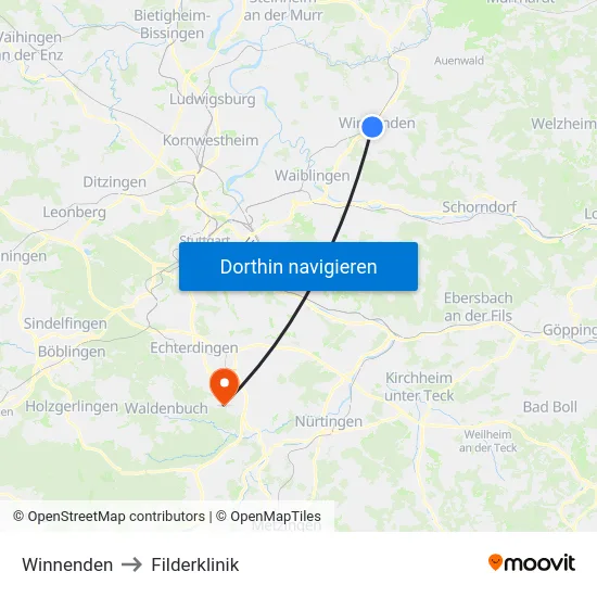Winnenden to Filderklinik map