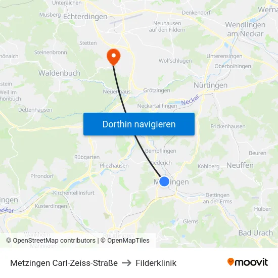 Metzingen Carl-Zeiss-Straße to Filderklinik map