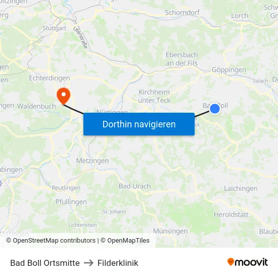 Bad Boll Ortsmitte to Filderklinik map