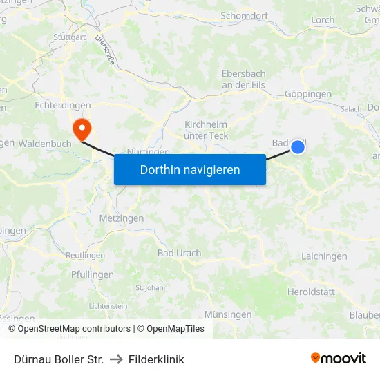 Dürnau Boller Str. to Filderklinik map