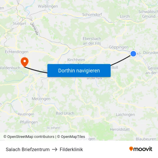 Salach Briefzentrum to Filderklinik map