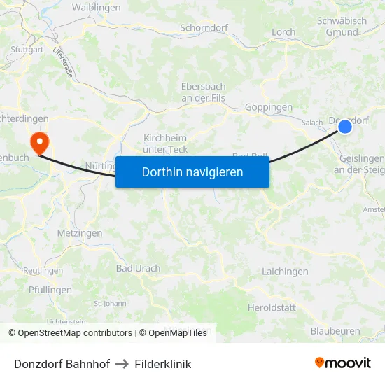 Donzdorf Bahnhof to Filderklinik map