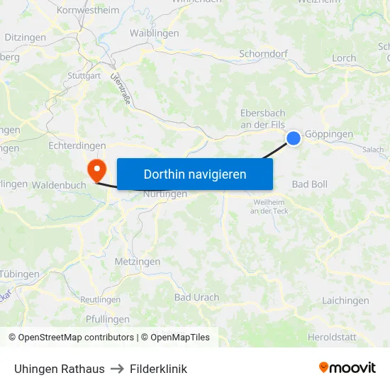 Uhingen Rathaus to Filderklinik map