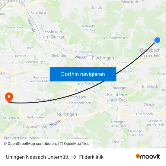 Uhingen Nassach Unterhütt to Filderklinik map