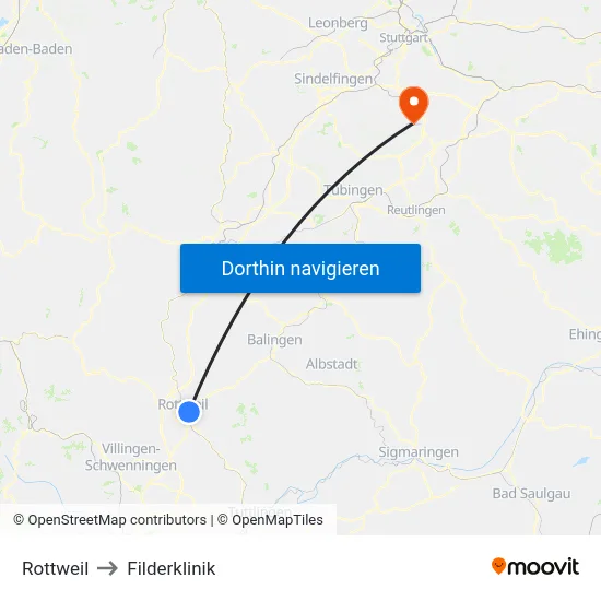 Rottweil to Filderklinik map