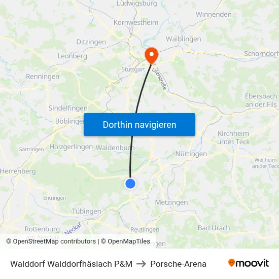 Walddorf Walddorfhäslach P&M to Porsche-Arena map