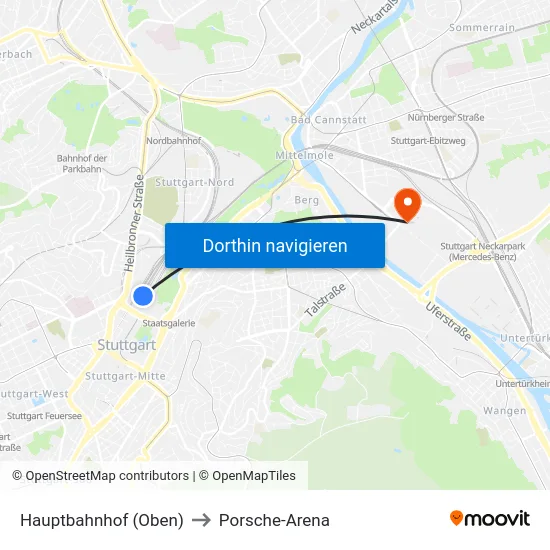 Hauptbahnhof (Oben) to Porsche-Arena map