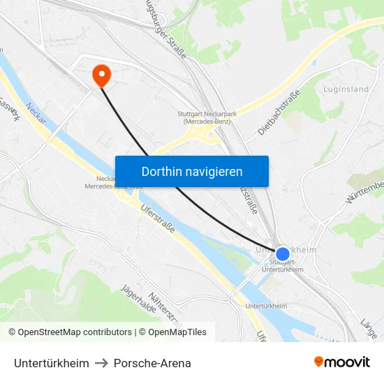 Untertürkheim to Porsche-Arena map