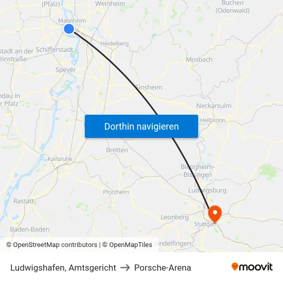 Ludwigshafen, Amtsgericht to Porsche-Arena map
