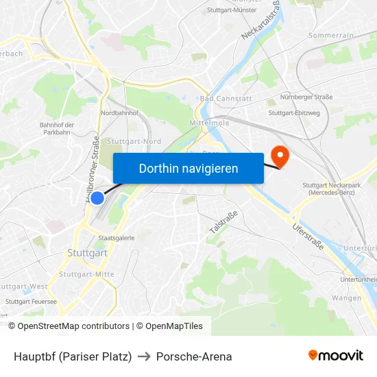 Hauptbf (Pariser Platz) to Porsche-Arena map