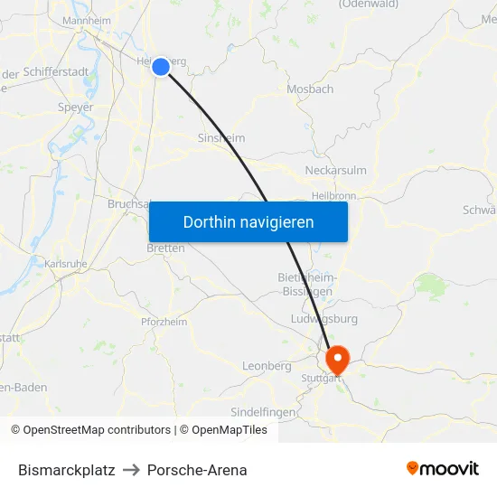 Bismarckplatz to Porsche-Arena map
