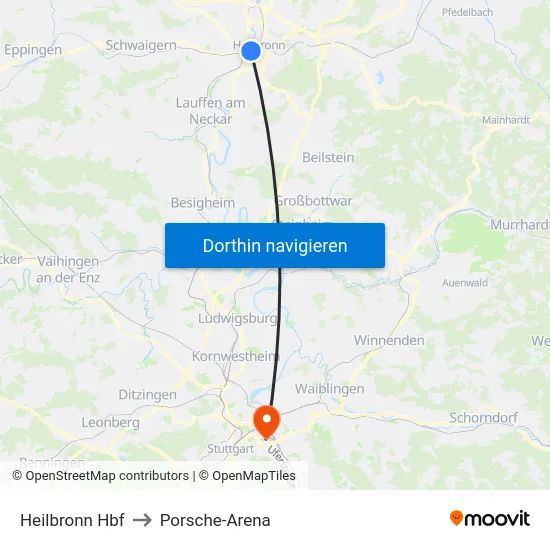 Heilbronn Hbf to Porsche-Arena map