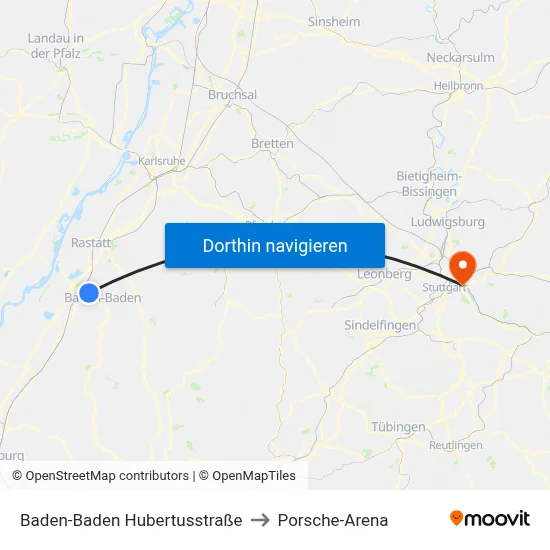 Baden-Baden Hubertusstraße to Porsche-Arena map