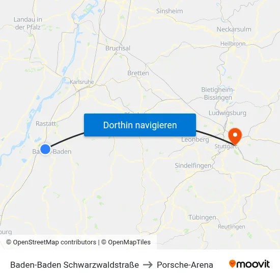 Baden-Baden Schwarzwaldstraße to Porsche-Arena map